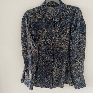 Kobi Halperin Women’s Blouse Size Medium Blue Brown Tan Silk Long Sleeve Silk